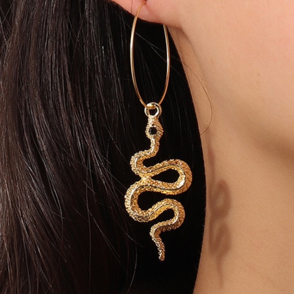 Exotic Gold Hanging Snake Hoop Earrings! - Picture 2 of 8
